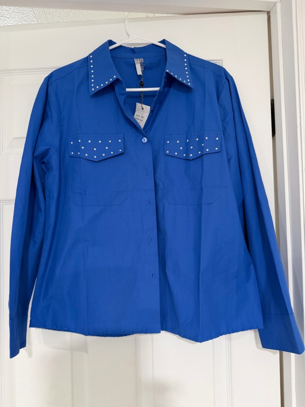 Studded Collar & Pocket Royal Blue Button-Up Shirt